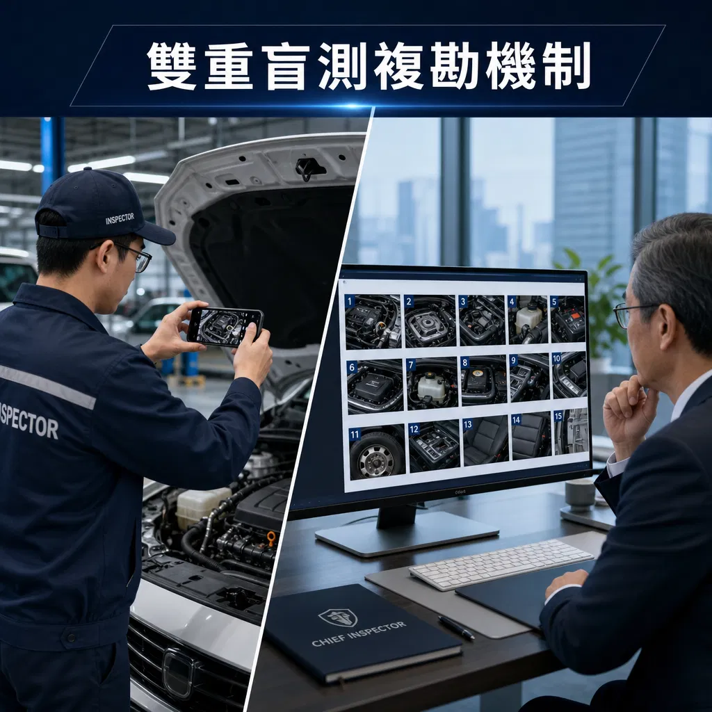 雙重盲測複勘機制：左側為現勘採購拍照，右側為總部鑑定師對照電腦螢幕進行盲測二審