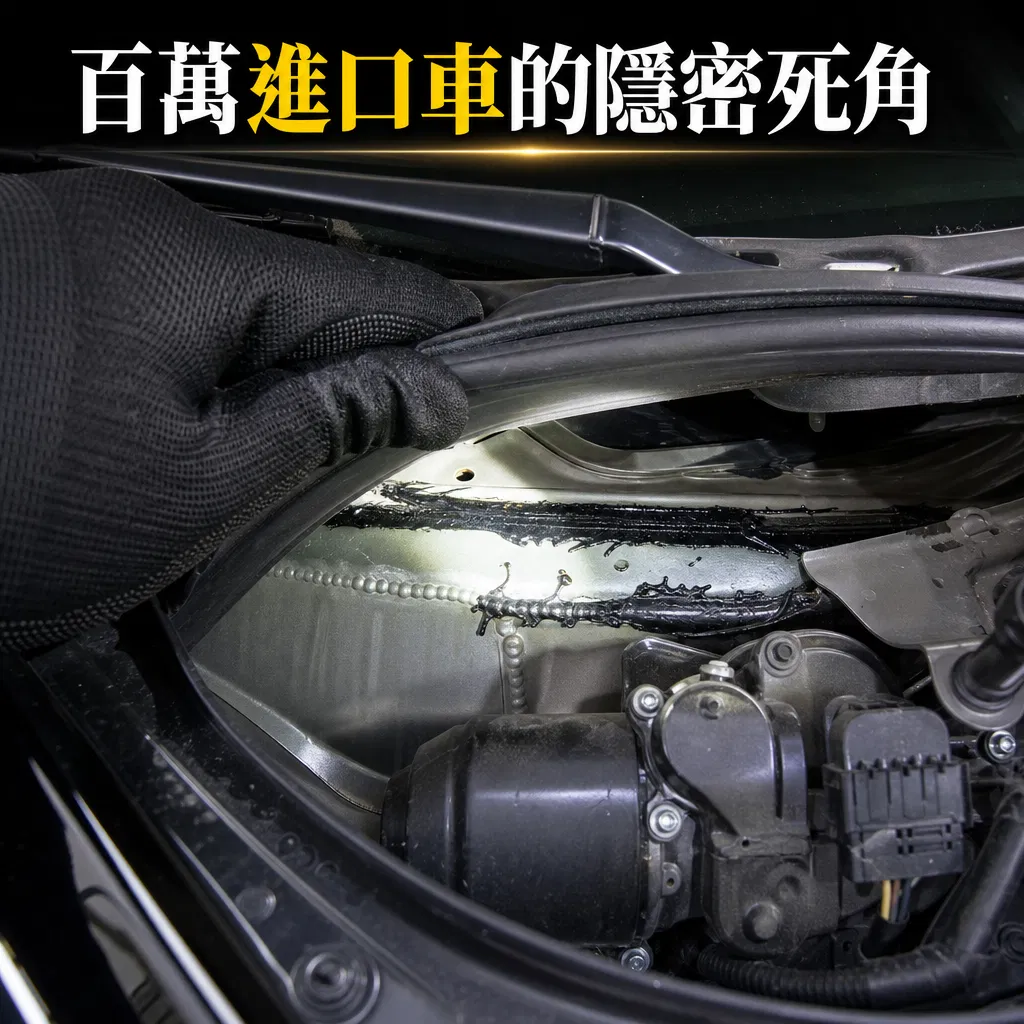 近距離特寫鑑定師撥開擋風玻璃下緣水槽膠條，手電筒打光在內部隱蔽的二次燒焊黑膠痕跡上