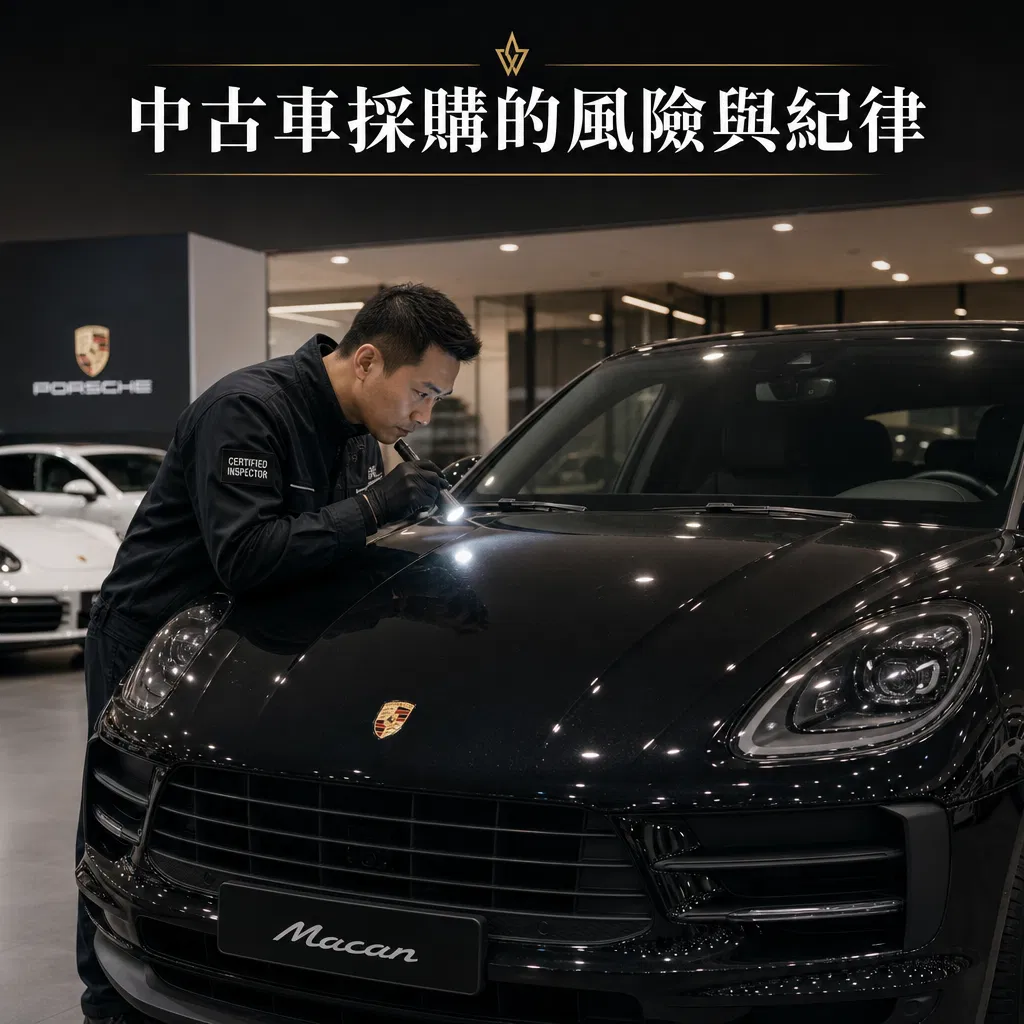 專業中古車採購鑑定師手持強光手電筒仔細檢查黑色保時捷 Macan 引擎蓋與擋風玻璃接縫